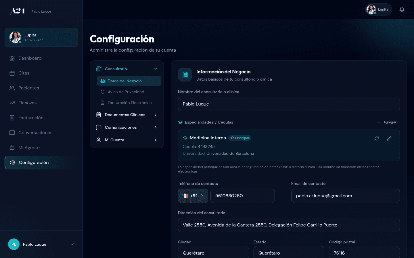 Configuración del consultorio