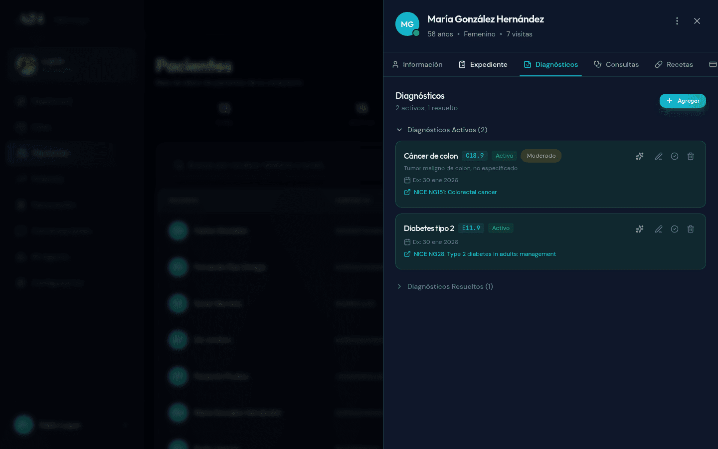 Pestaña de diagnósticos del paciente