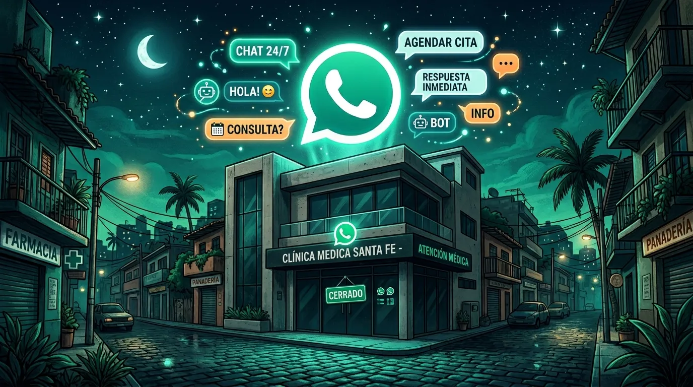 Clínica médica cerrada de noche con ícono de WhatsApp flotante brillando, representando atención 24/7 para pacientes