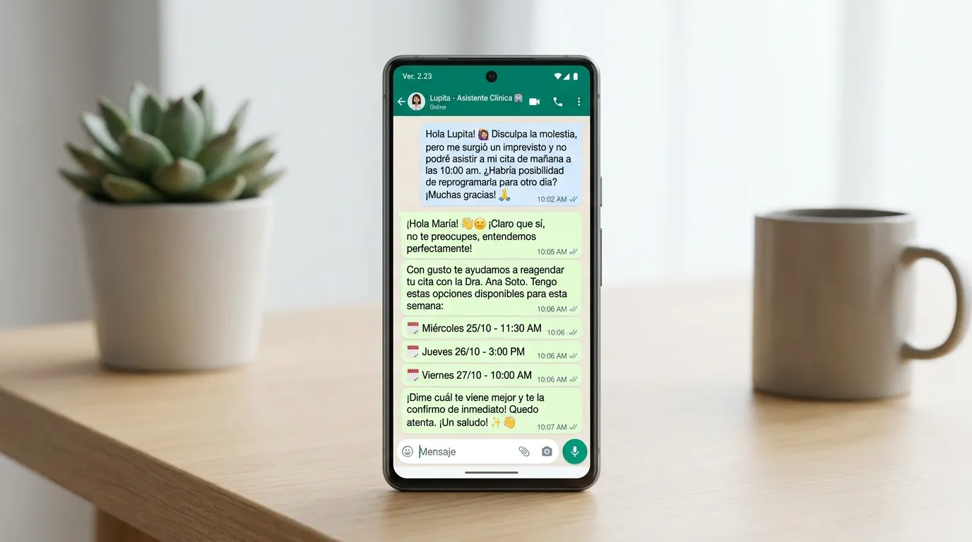 Mockup de conversación de WhatsApp mostrando un paciente agendando cita con el agente virtual de IA de Doktor