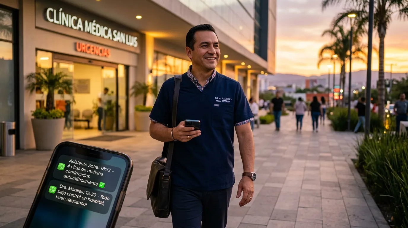 Doctor saliendo tranquilamente de su clínica al atardecer, sabiendo que su agente virtual atiende pacientes automáticamente
