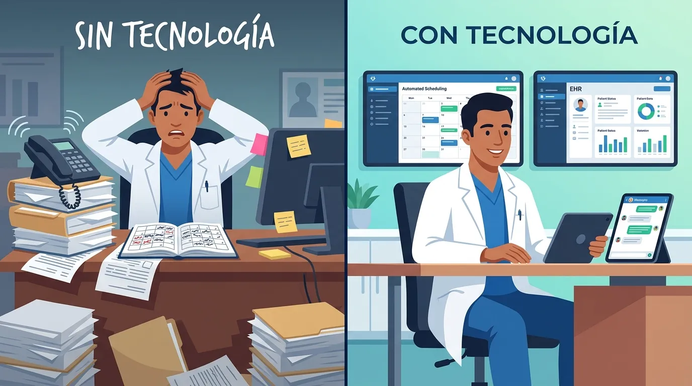 Comparación de consultorio médico sin tecnología versus con automatización para prevenir burnout