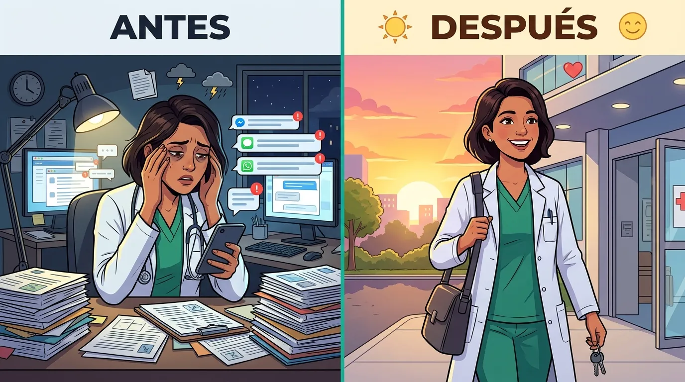 Ilustración antes y después: doctora estresada respondiendo WhatsApp vs doctora sonriente con agenda organizada gracias a la automatización