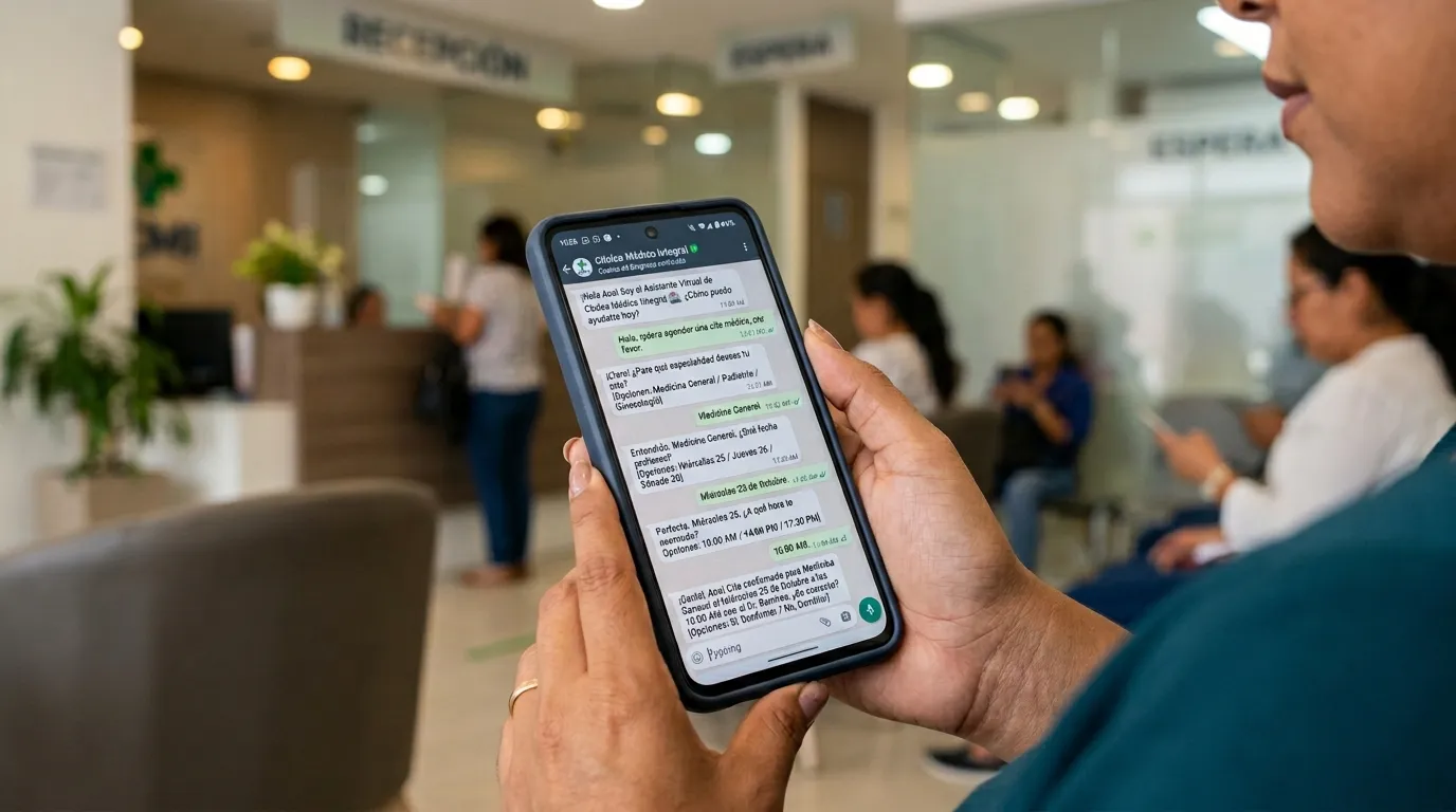 Celular mostrando conversación de WhatsApp donde un paciente agenda cita automáticamente con el chatbot de IA de Doktor