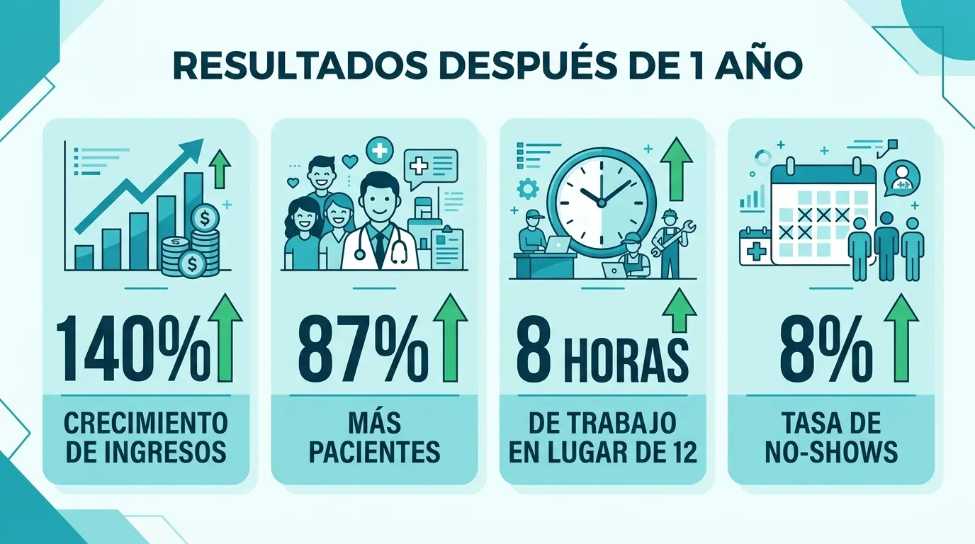 Infografía de resultados: +142% ingresos, -77% ausentismo, -92% tiempo en WhatsApp, 28 pacientes por día