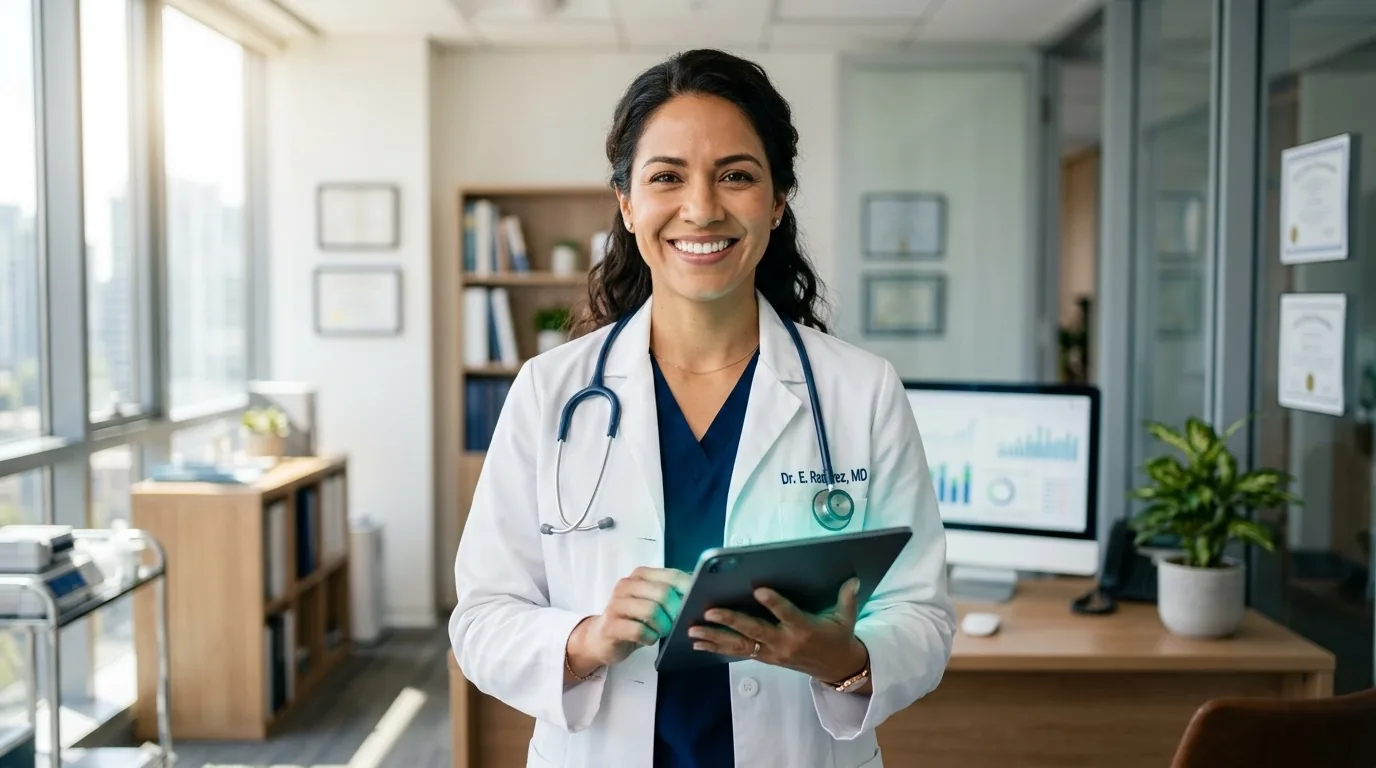 Doctora satisfecha usando tecnología médica con IA en su consultorio