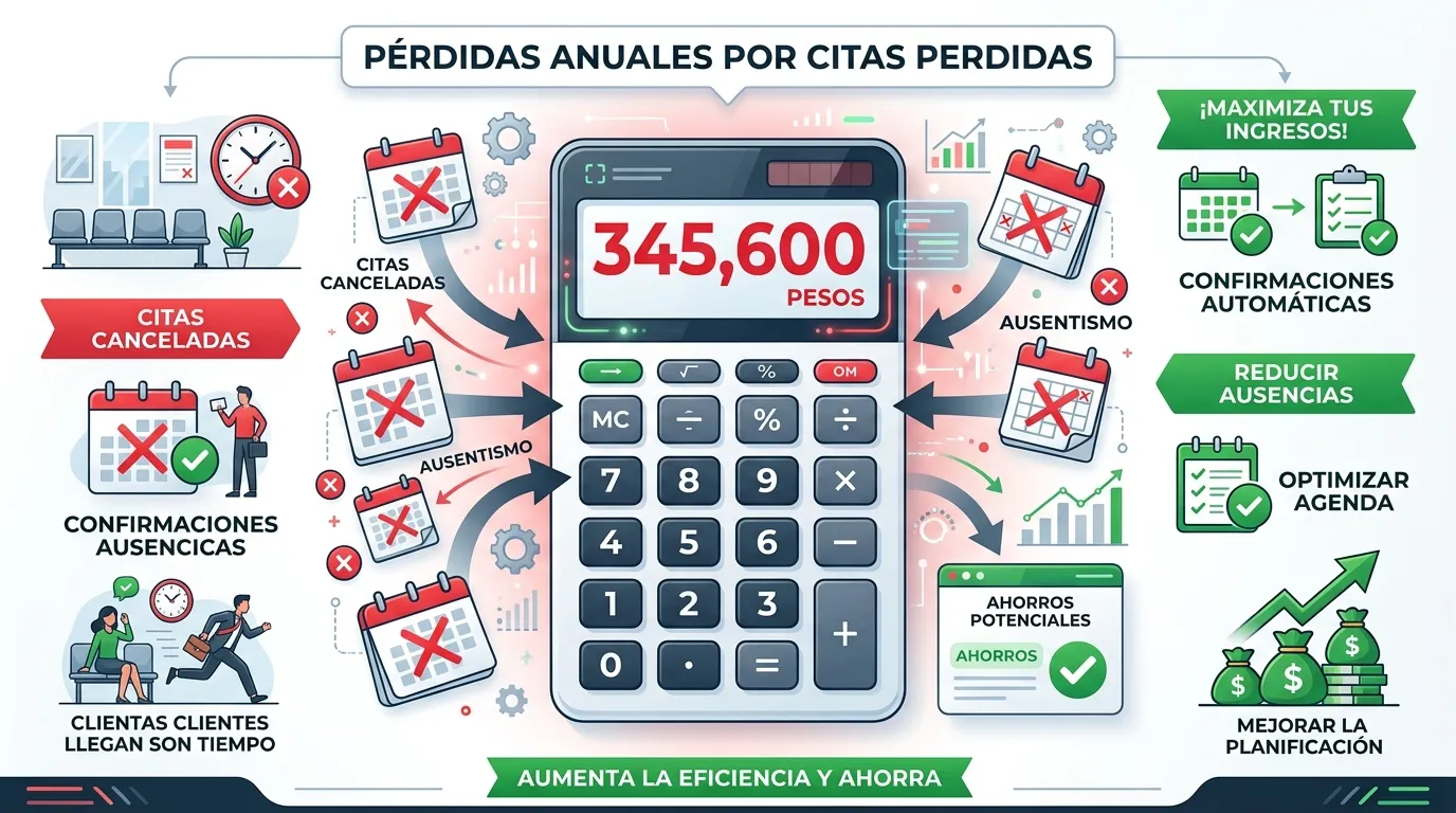 Infografía de calculadora de pérdidas por citas perdidas: consulta $900, 30% no-show = $345,600 MXN perdidos al año