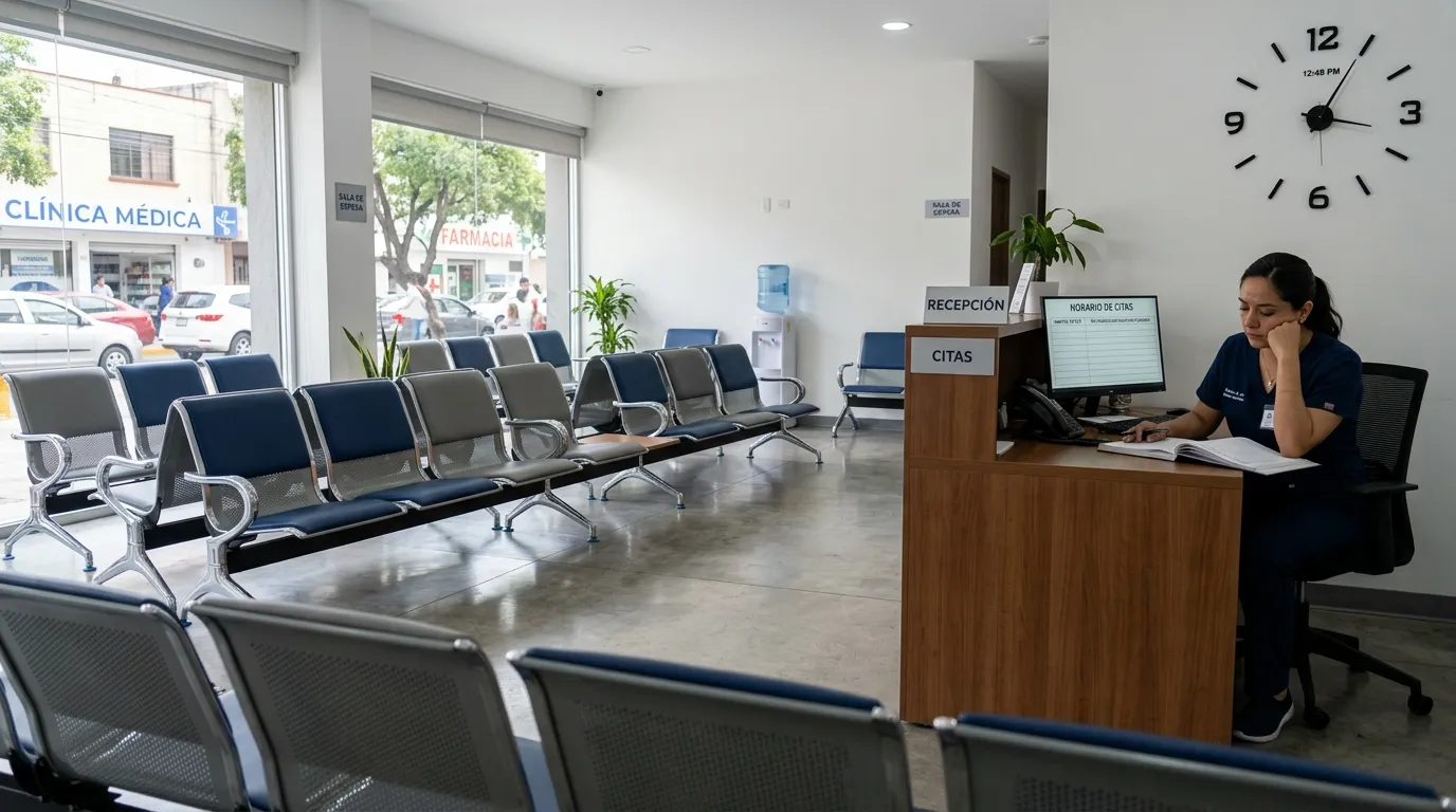 Sala de espera vacía de consultorio médico con recepcionista mirando agenda sin pacientes