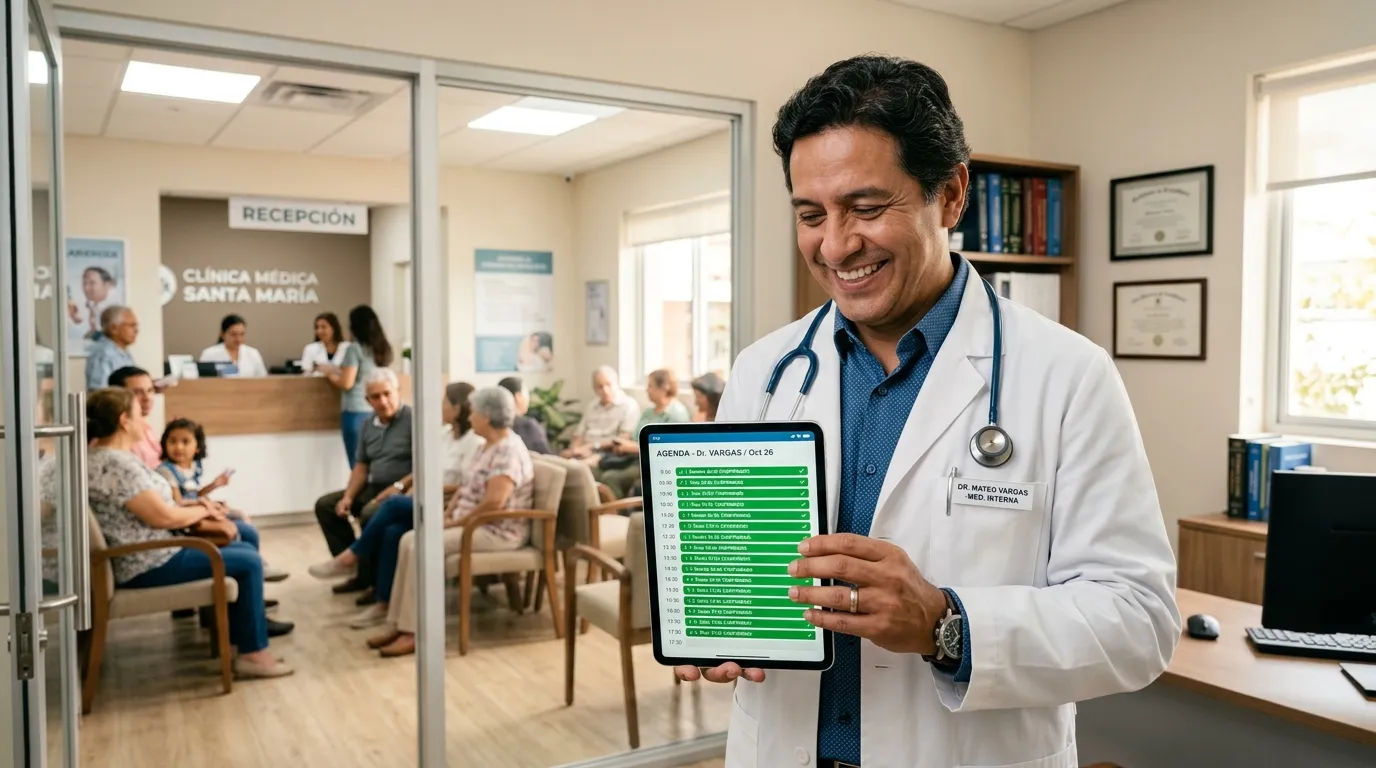 Doctor sonriente revisando agenda digital llena de citas confirmadas en sala de espera activa con pacientes
