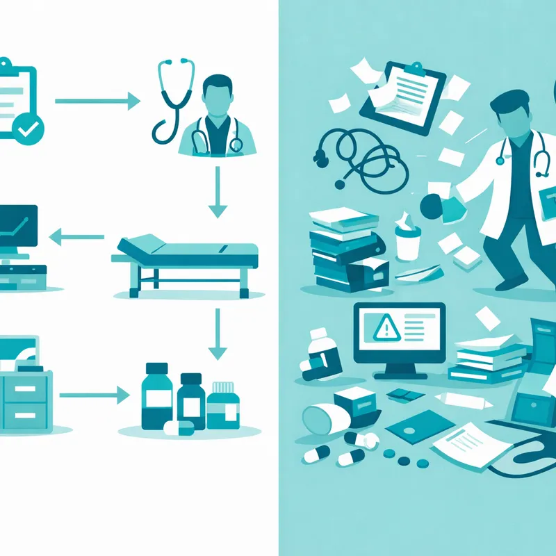 Diagrama comparativo de flujo de trabajo desorganizado versus organizado en consultorio médico