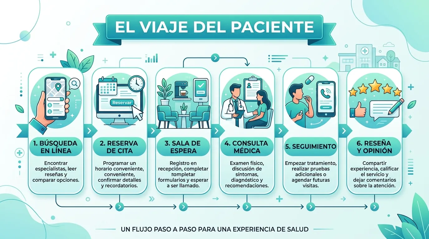 Timeline del viaje del paciente con puntos de contacto antes, durante y después de la consulta