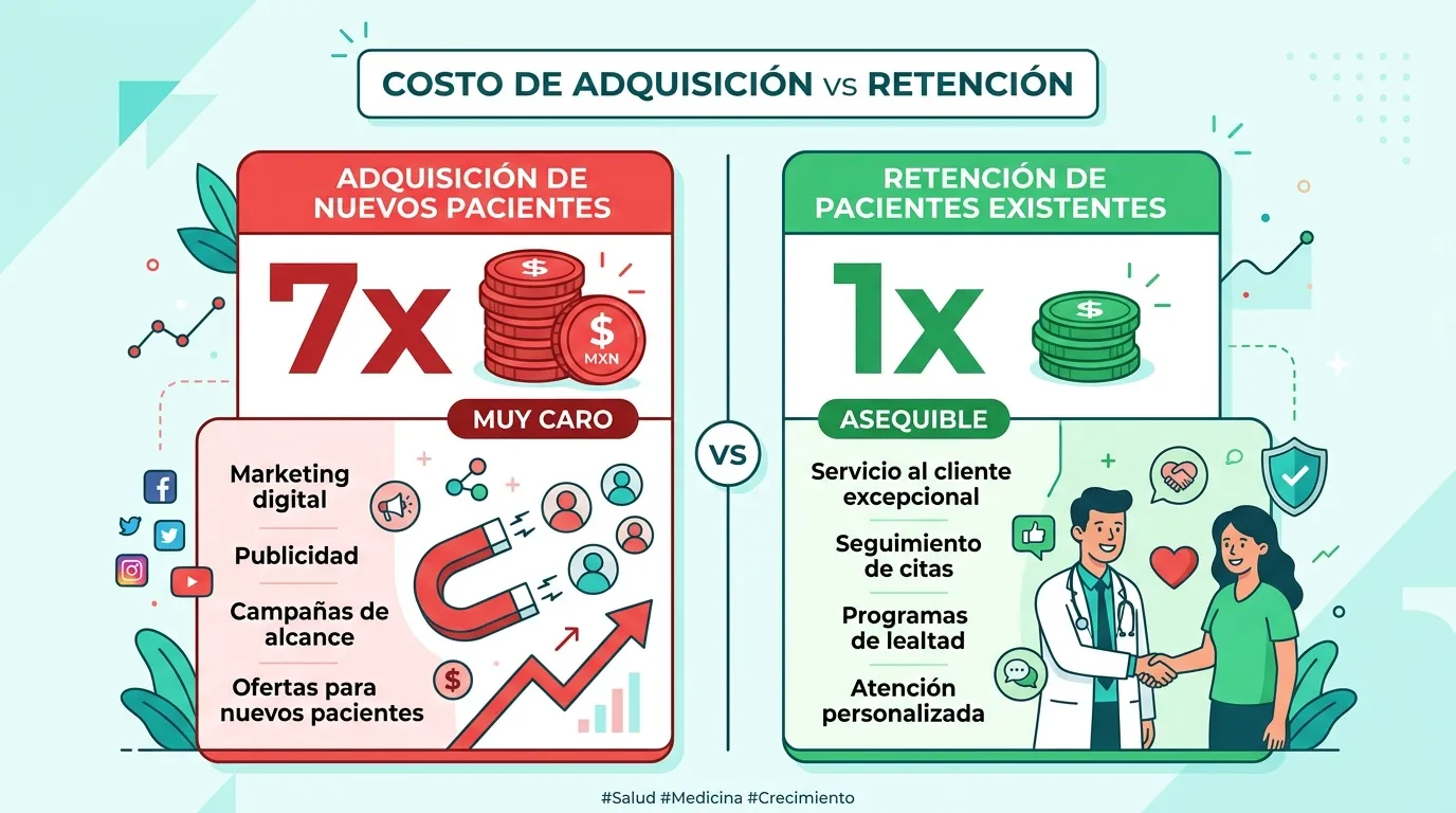 Comparación del costo de adquisición versus retención de pacientes en consultorio médico