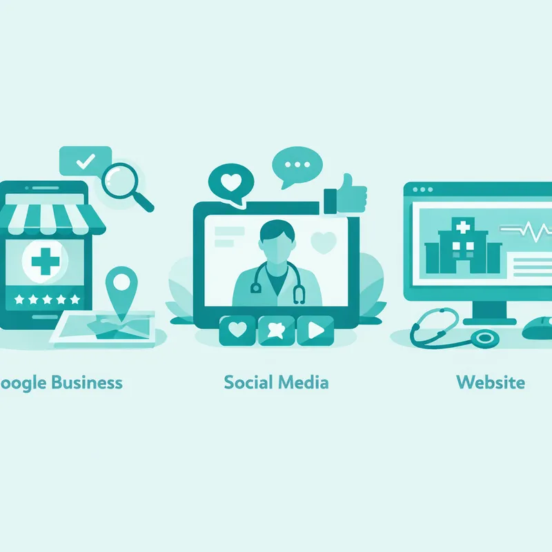 Canales de marketing digital para consultorios médicos incluyendo Google Business, redes sociales y sitio web