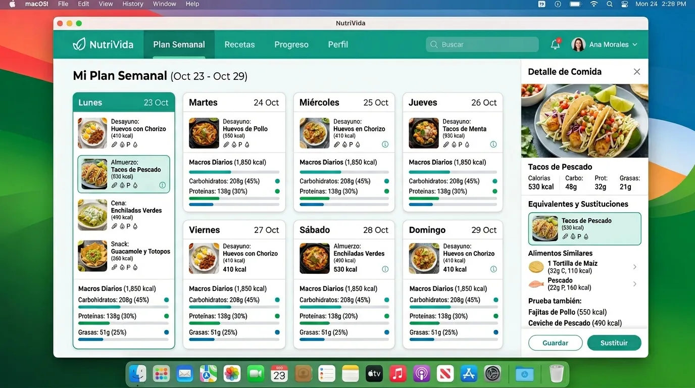 Interfaz de software para crear planes nutricionales personalizados con macronutrientes