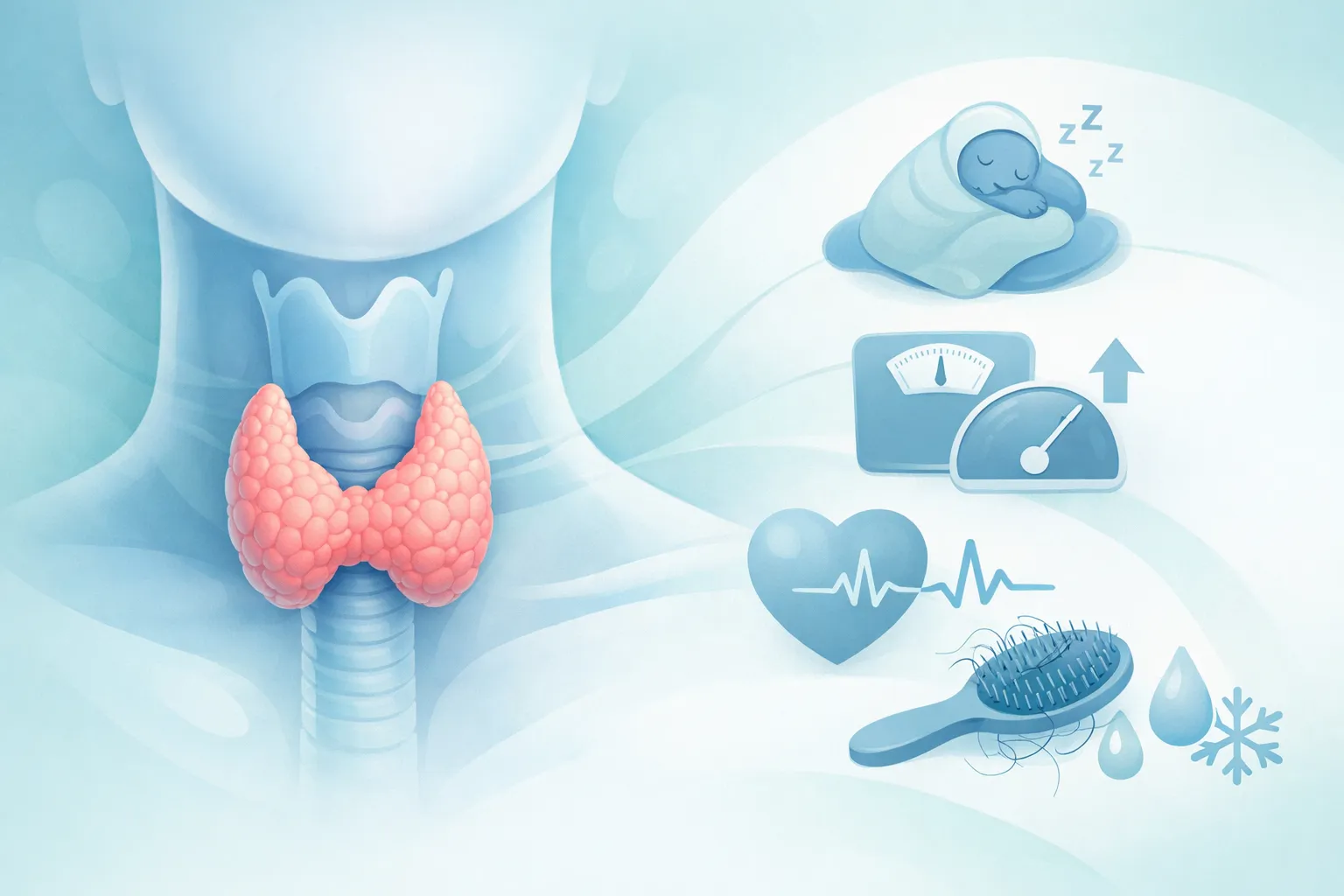 Ilustración médica de la glándula tiroides en el cuello mostrando hipotiroidismo