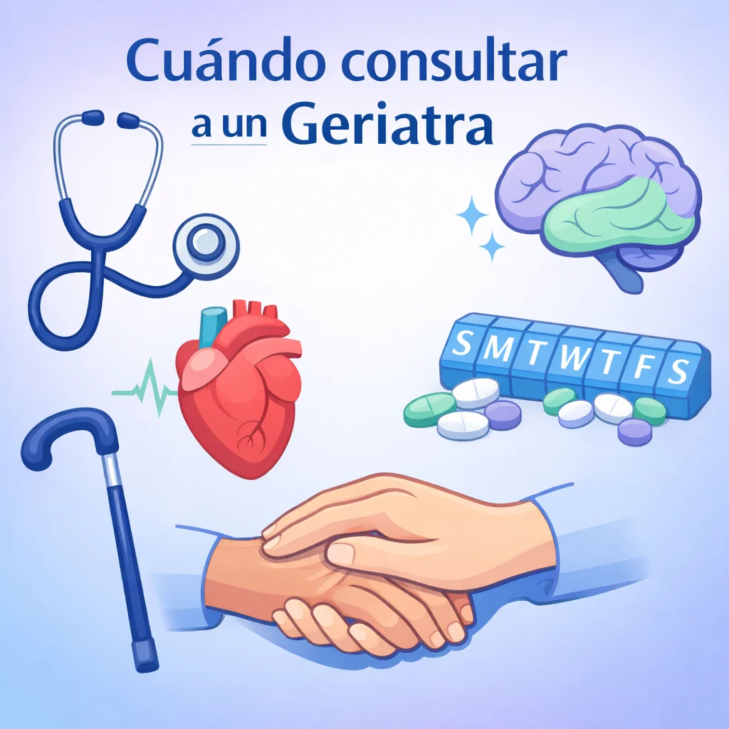 Médico geriatra en consulta con paciente adulto mayor