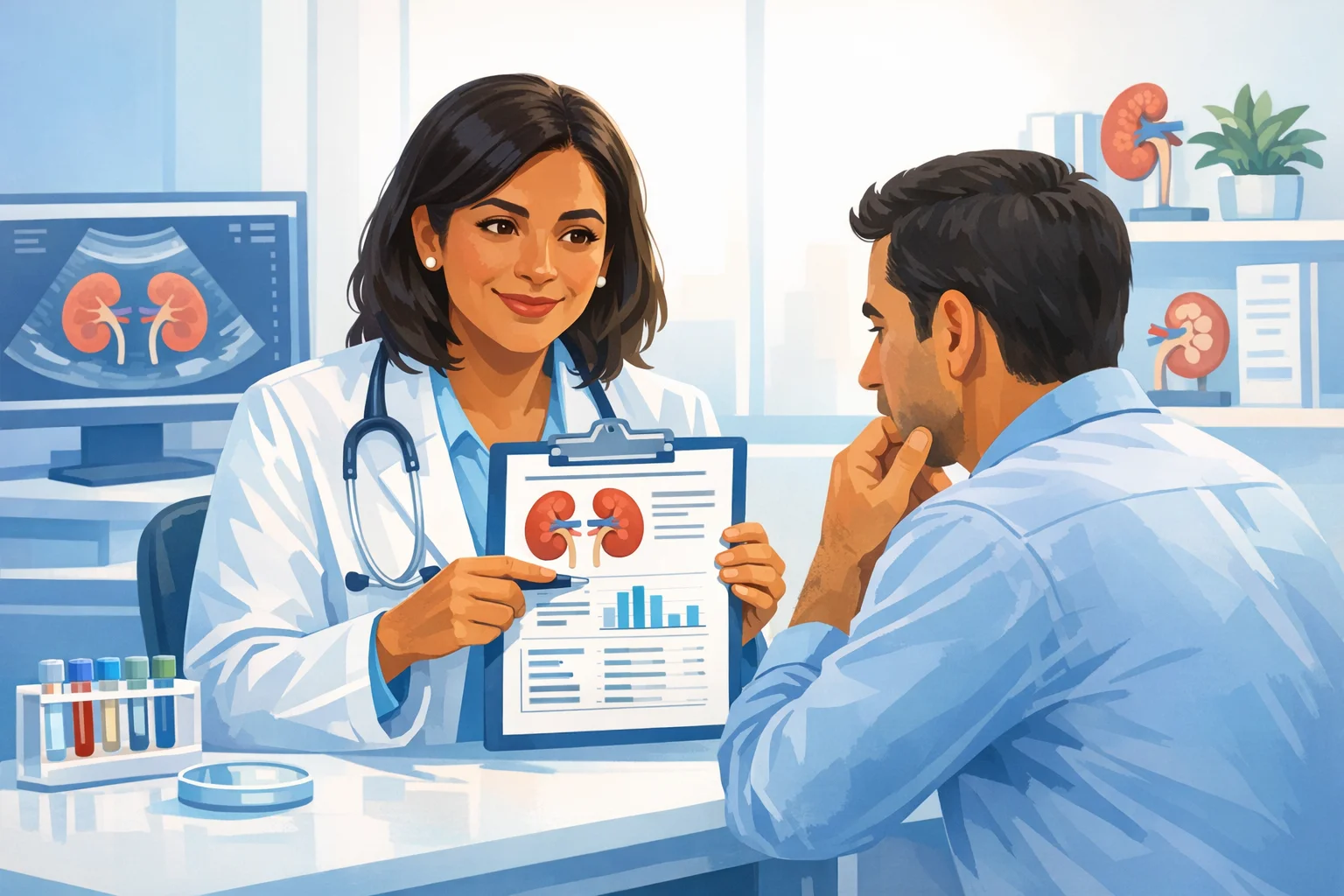 Nefrólogo explicando resultados de función renal a paciente