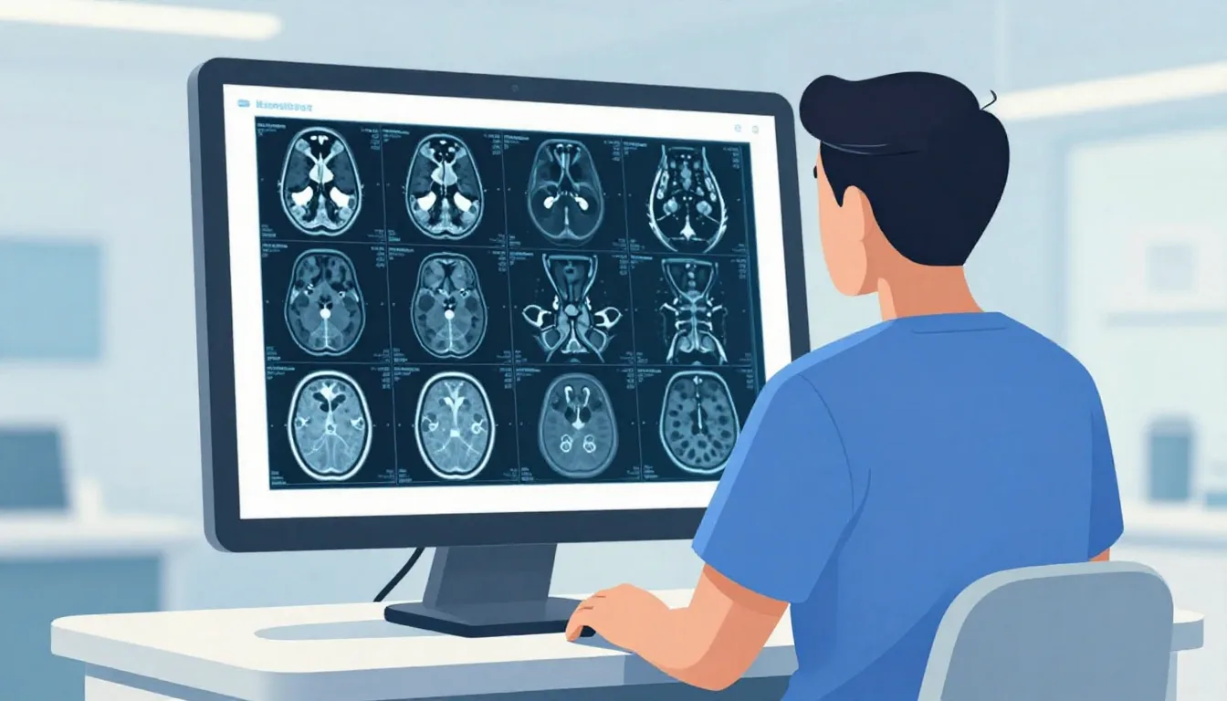 Neurocirujano revisando estudios de imagen de columna vertebral con paciente
