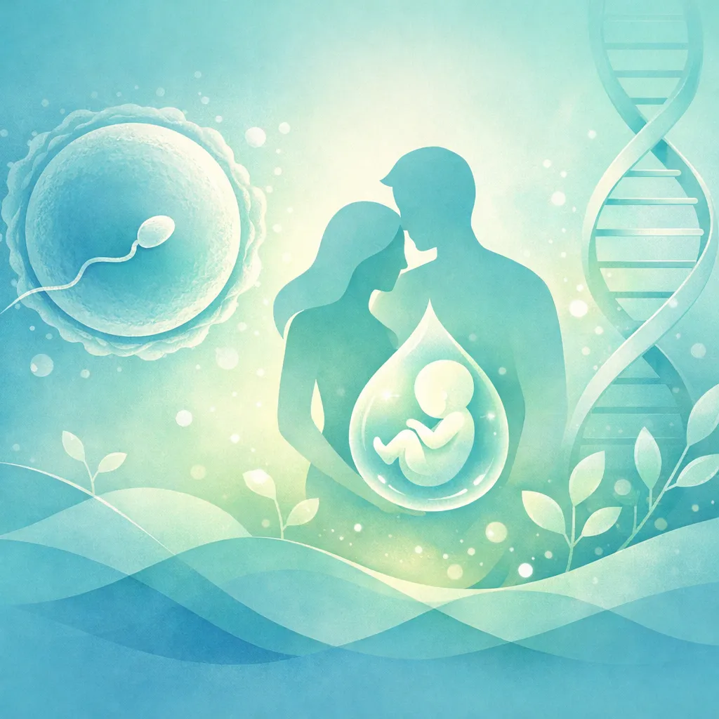 Ilustración médica sobre fertilidad y salud reproductiva con elementos de esperanza y nuevos comienzos