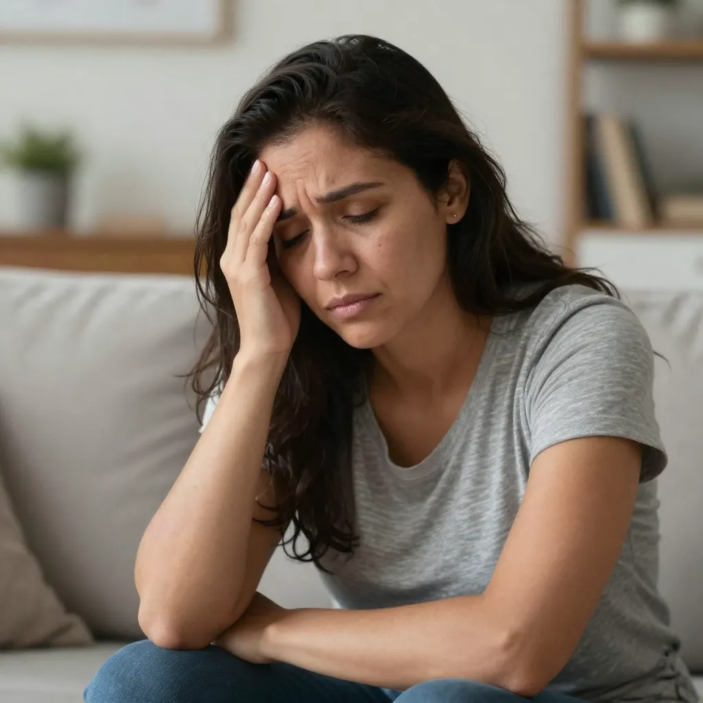 Mujer con fatiga en casa mostrando cansancio por posible anemia