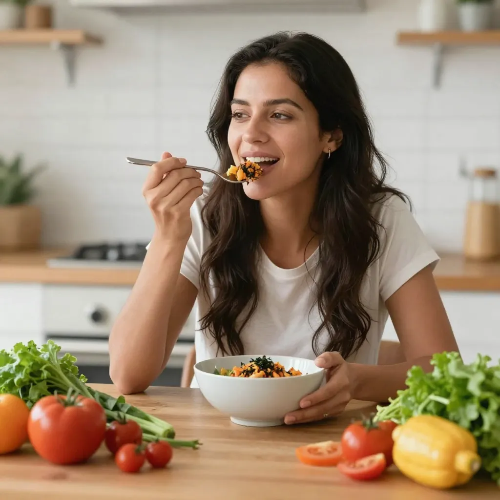 Mujer comiendo alimentos saludables ricos en hierro y vegetales de hoja verde