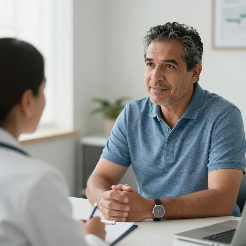 Hombre maduro consultando con su médico sobre preocupaciones de salud en consultorio médico