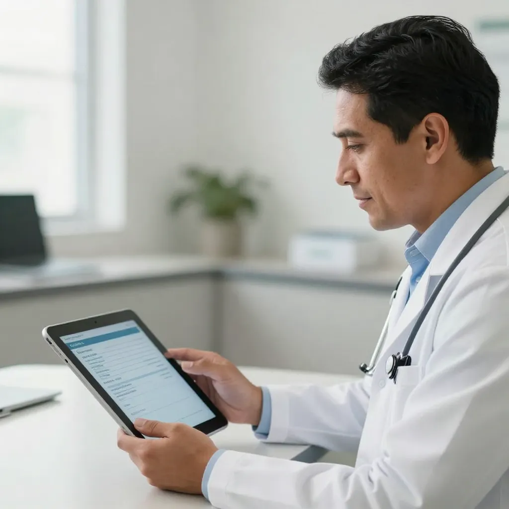 Médico explicando resultados médicos en tableta a paciente en clínica moderna