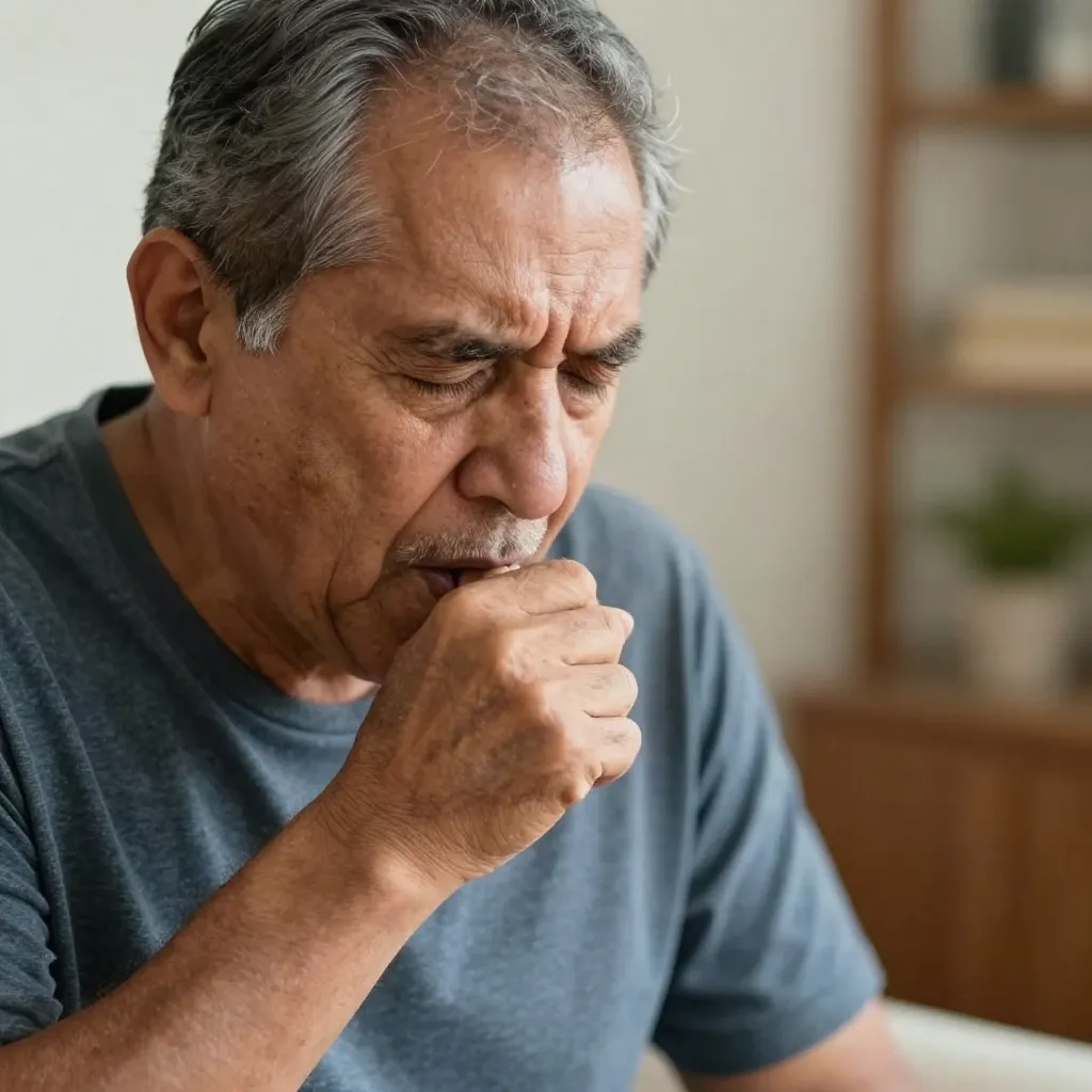 Hombre mayor con tos persistente, síntoma de alerta de cáncer de pulmón