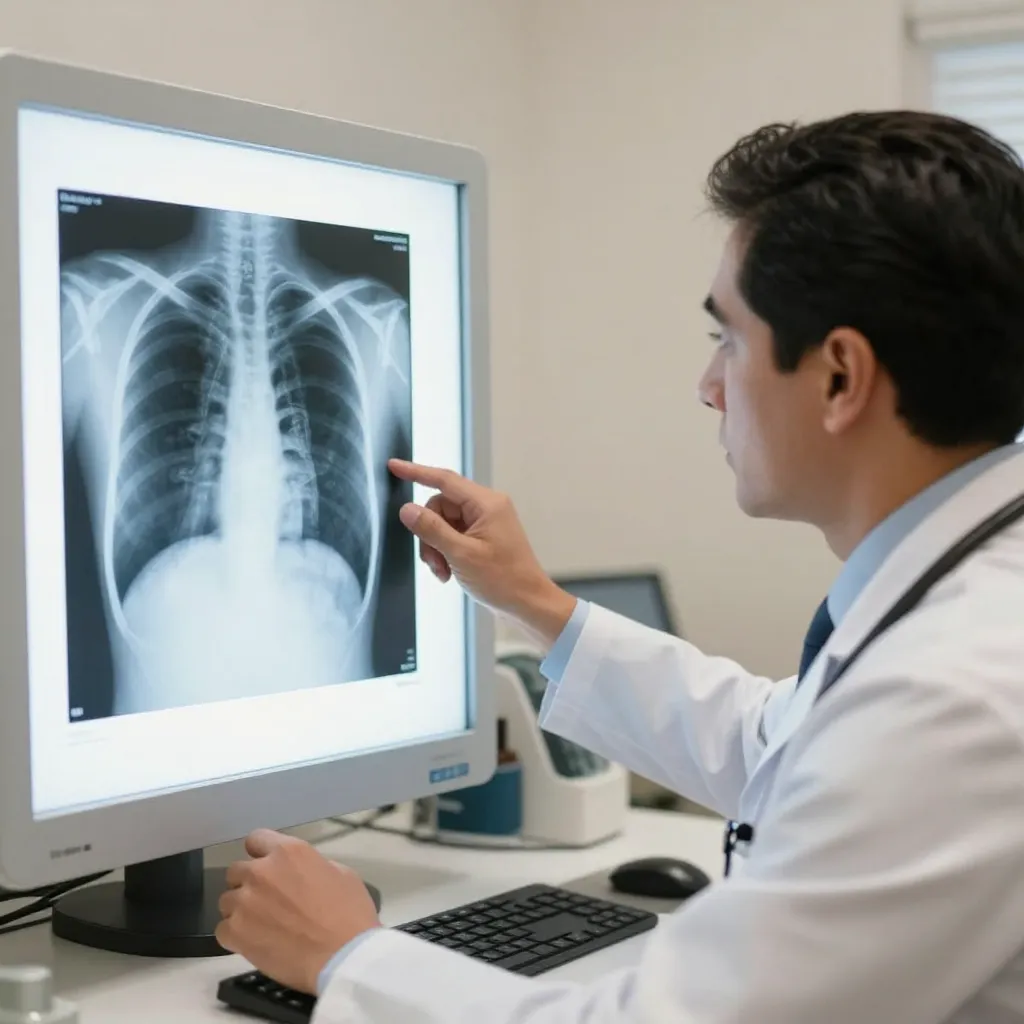 Médico revisando radiografía de tórax para detección de cáncer de pulmón