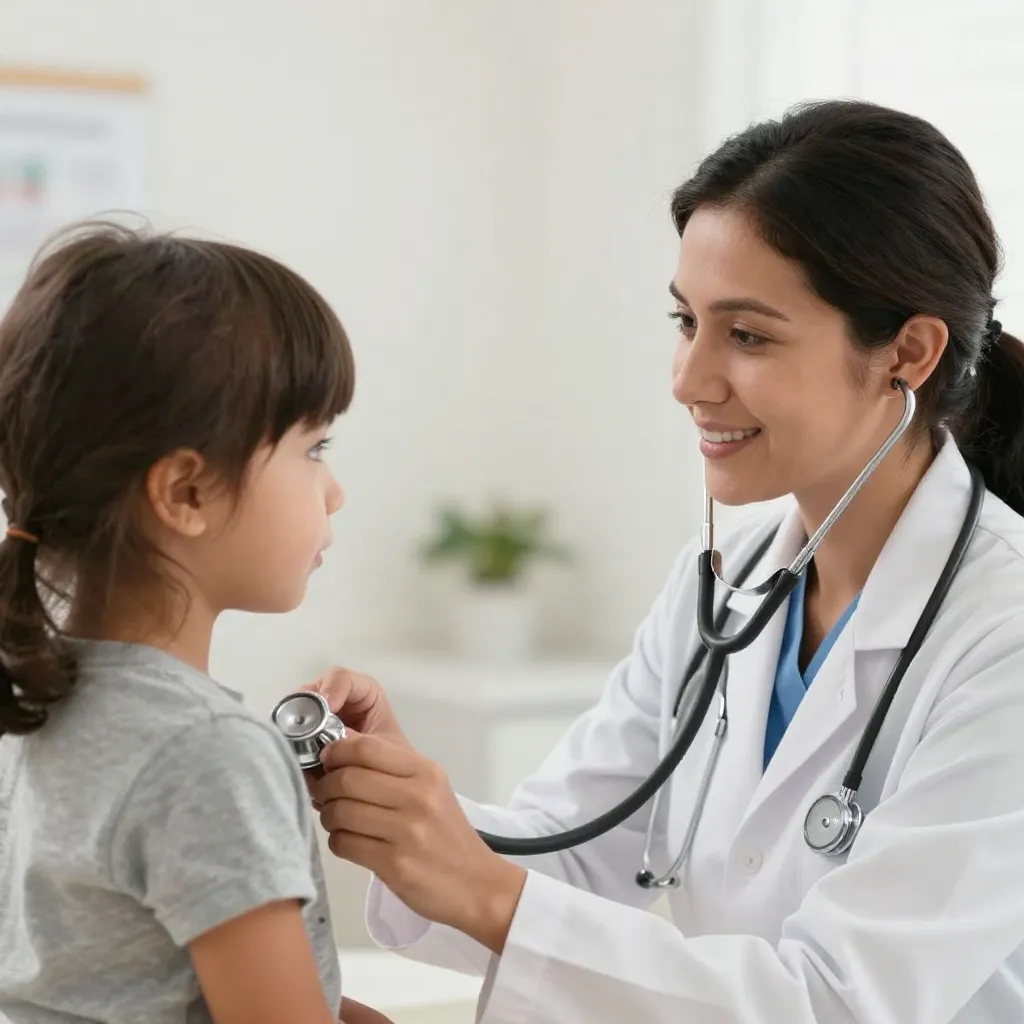 Pediatra examinando a niño con catarro