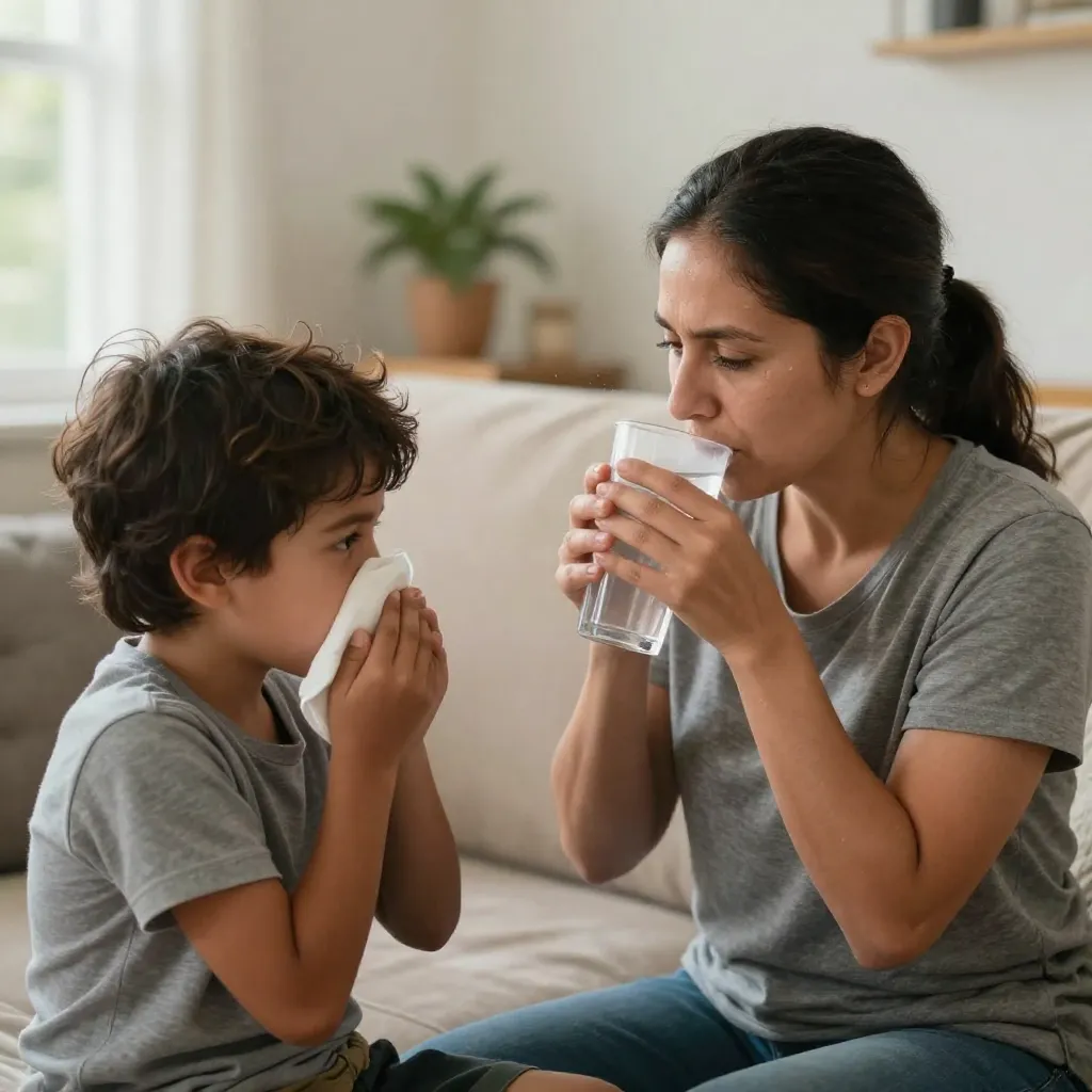 Madre dando agua a niño recuperándose de catarro