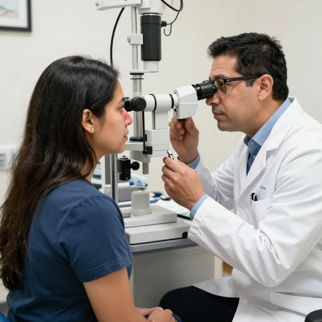 Paciente latino con conjuntivitis siendo examinado por oftalmólogo