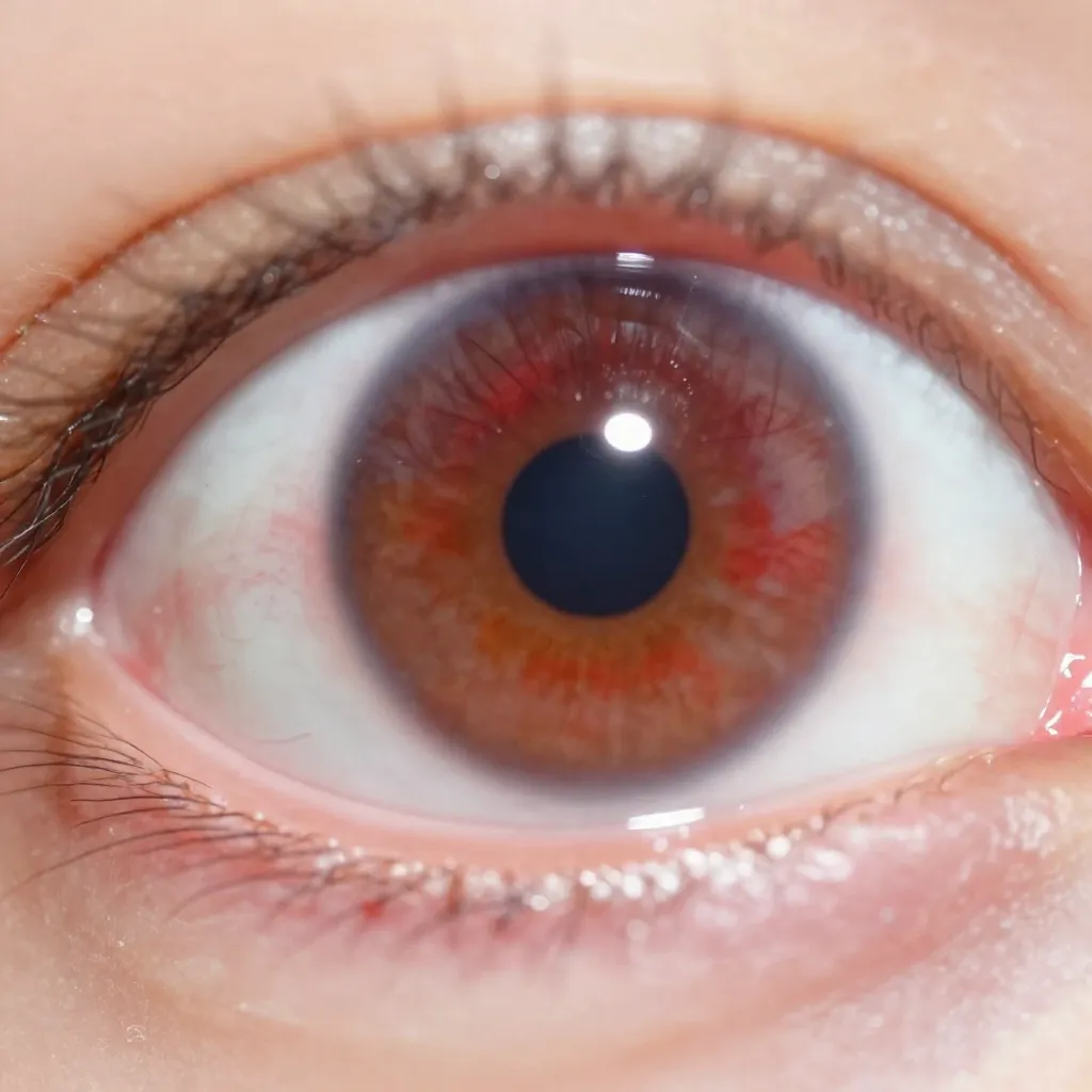 Close-up de ojo con conjuntivitis mostrando enrojecimiento