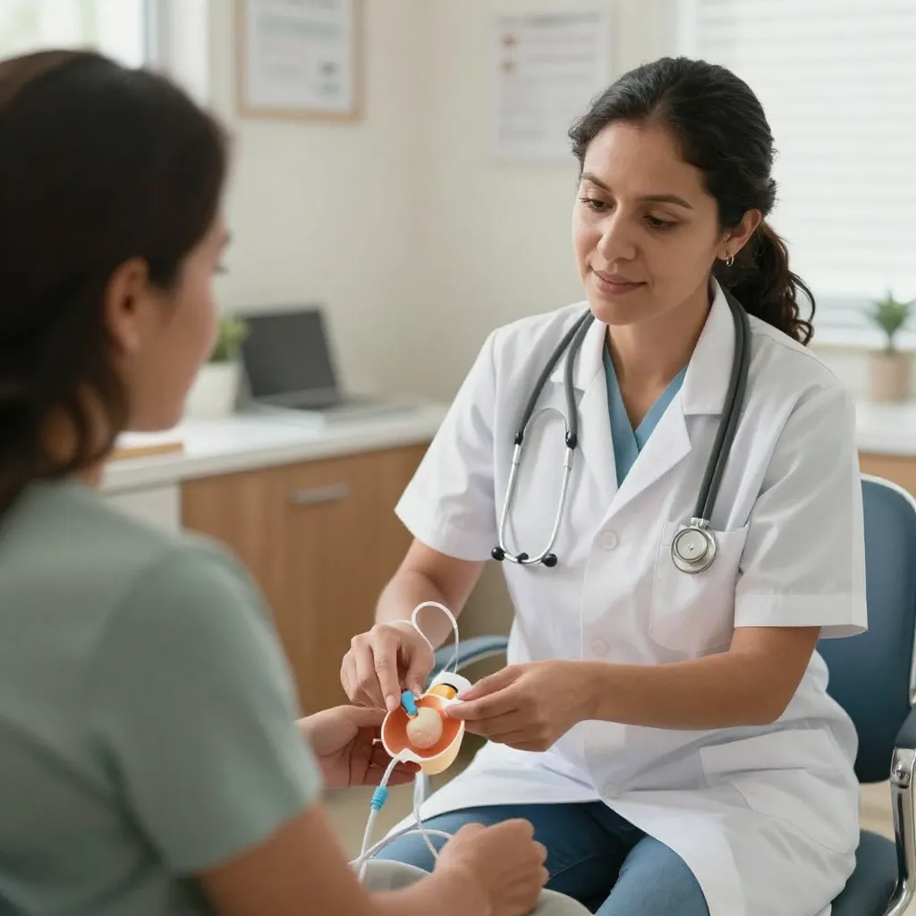 Profesional de salud explicando diálisis peritoneal a paciente