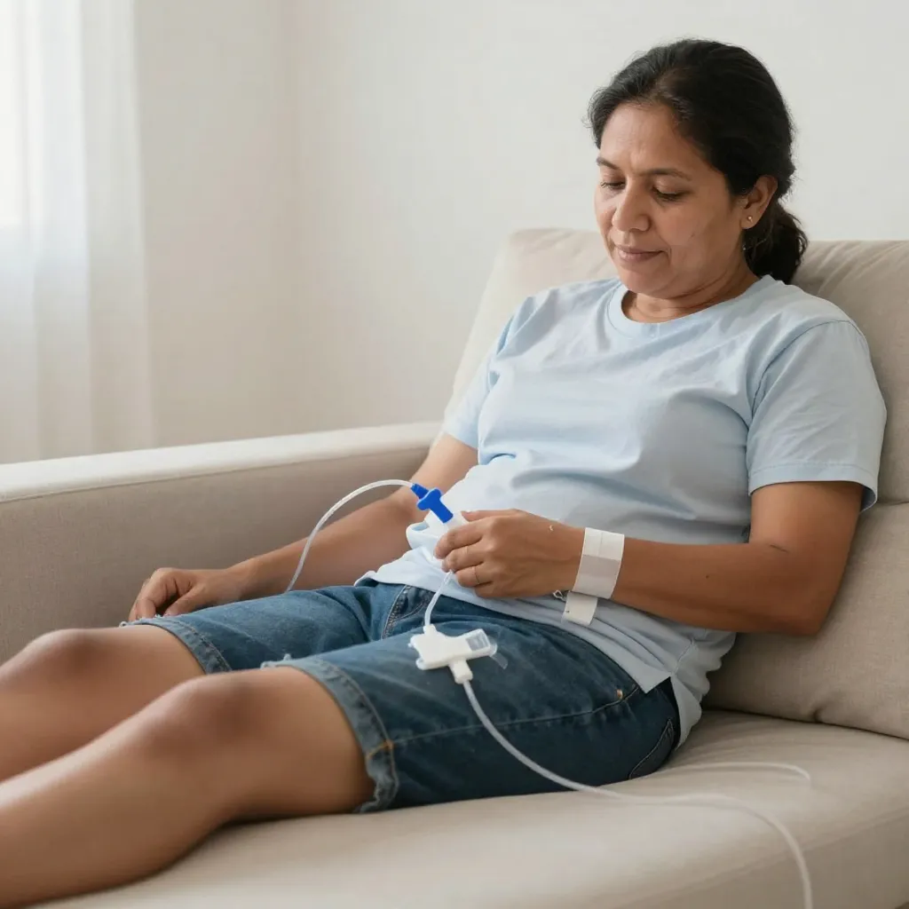 Paciente realizando diálisis peritoneal en casa con independencia