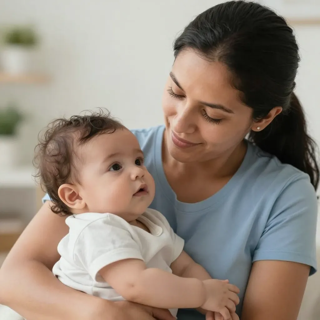 Madre consolando a su bebé con expresión cariñosa