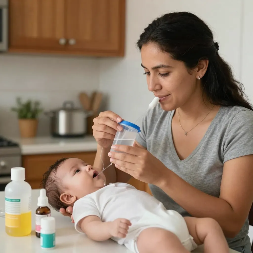 Madre preparando solución de rehidratación oral para bebé