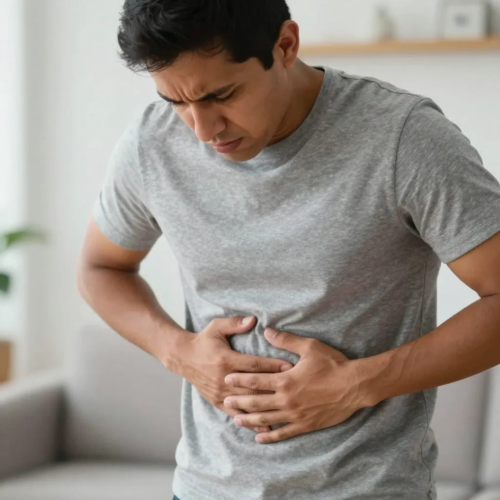 Persona con mano en abdomen mostrando molestia abdominal