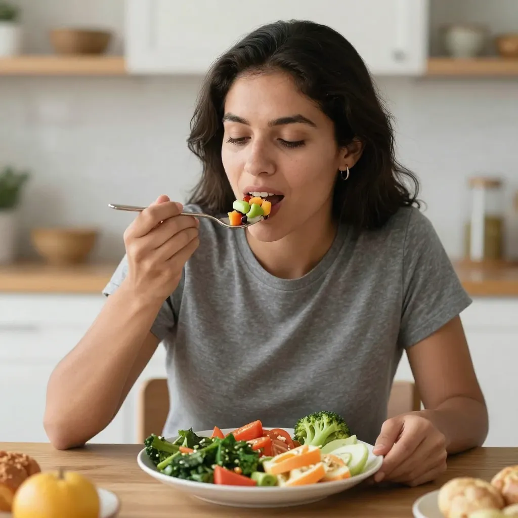 Persona comiendo alimentos saludables para salud digestiva