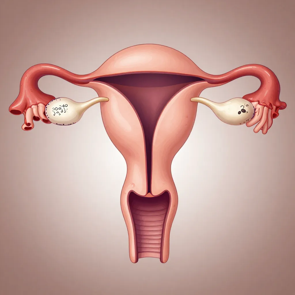 Diagrama médico del sistema reproductivo femenino mostrando endometriosis