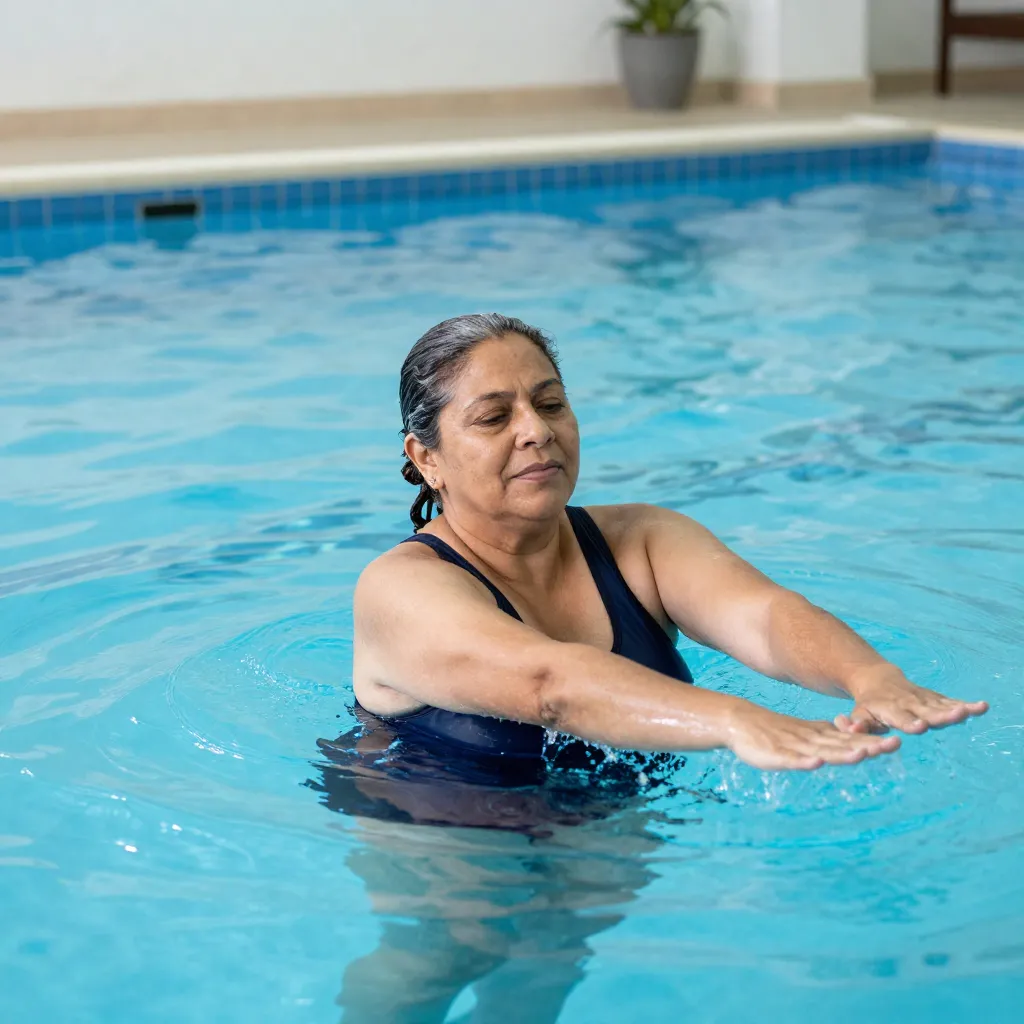 Mujer realizando hidroterapia en alberca para manejo de fibromialgia