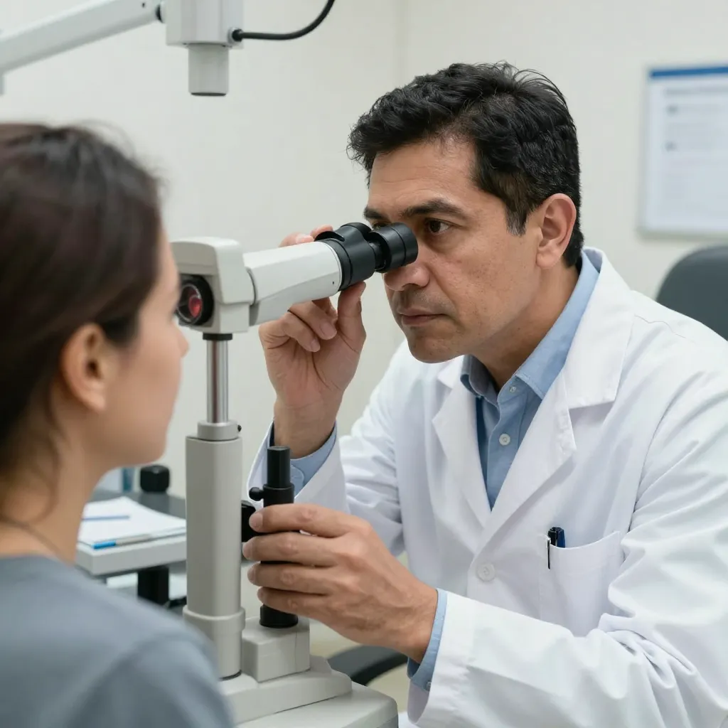 Oftalmólogo realizando examen de fondo de ojo con lámpara de hendidura