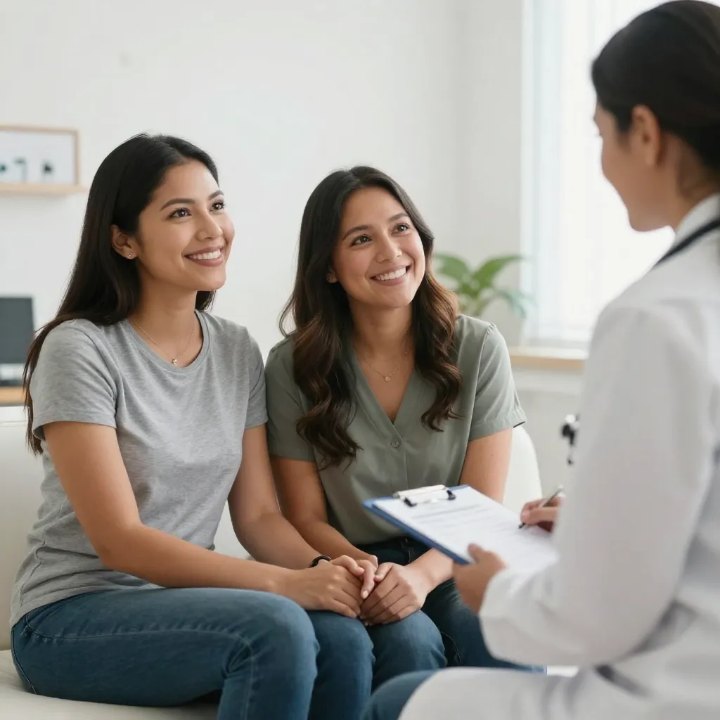 Pareja latina en consulta médica conversando con su doctor sobre opciones de fertilidad