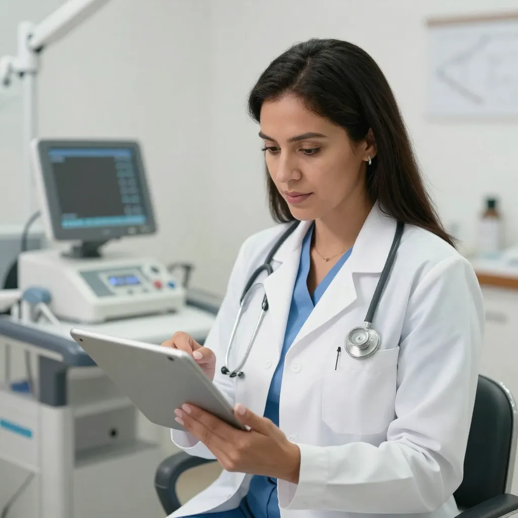 Doctora latina revisando resultados de estudios de fertilidad en una tableta en clínica moderna