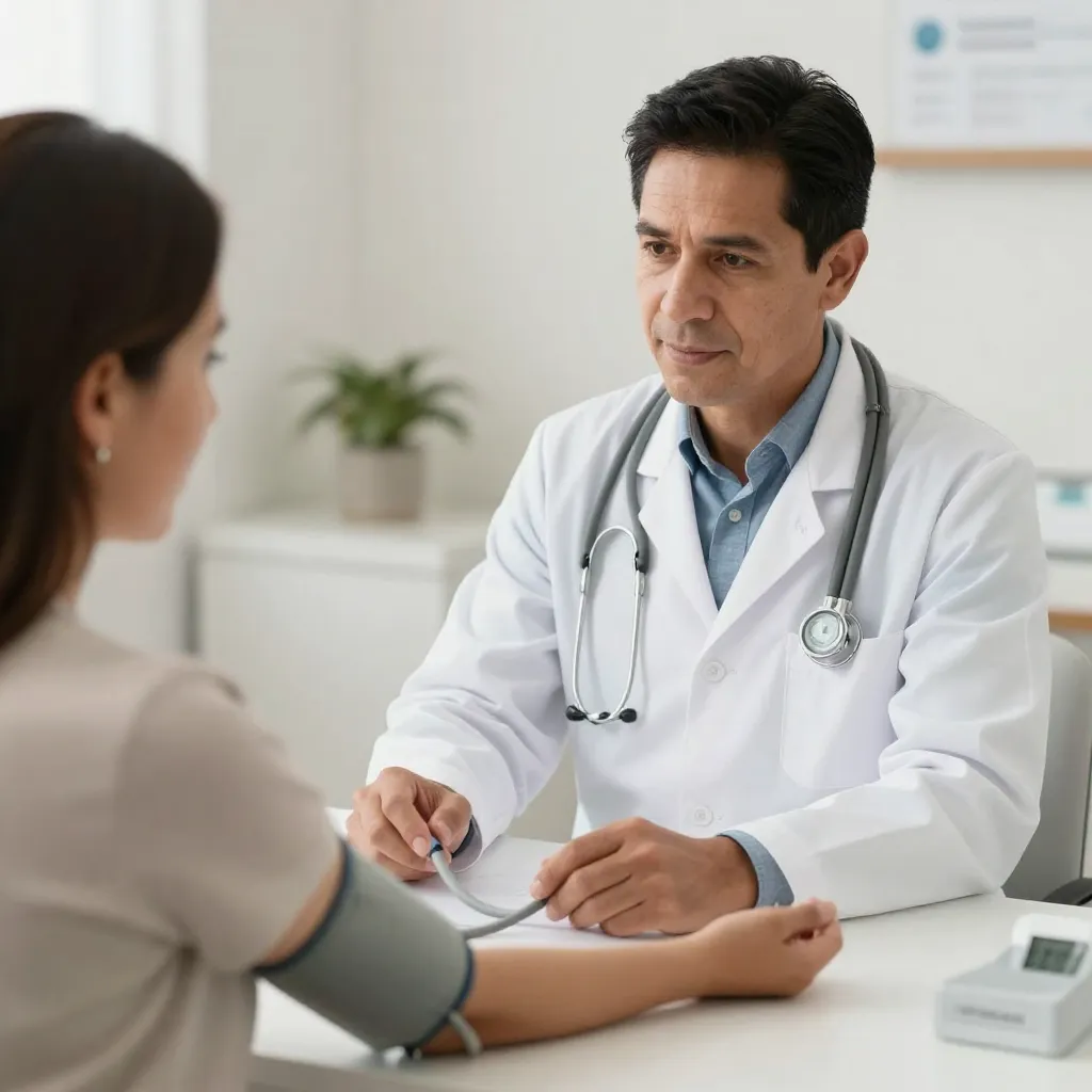 Médico midiendo presión arterial a paciente en clínica moderna