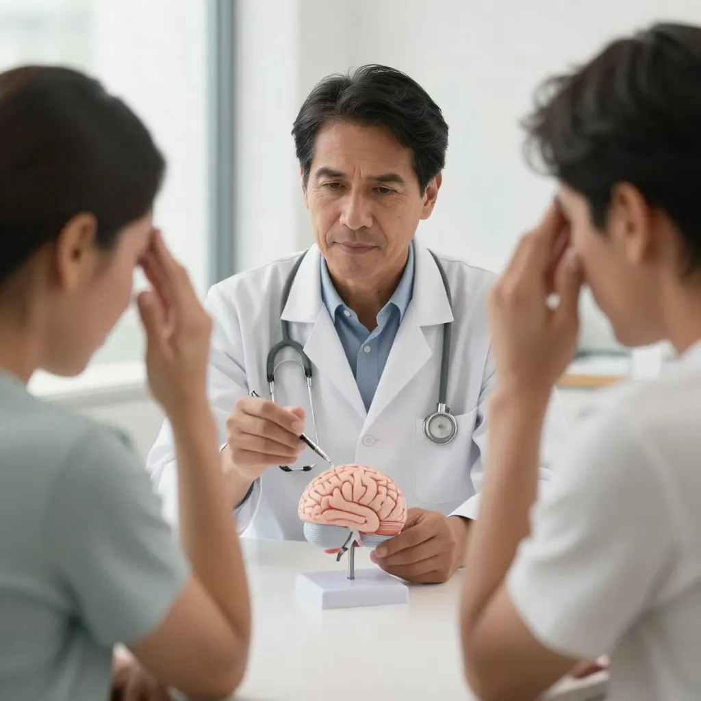 Neurólogo consultando a paciente sobre migraña con modelo cerebral