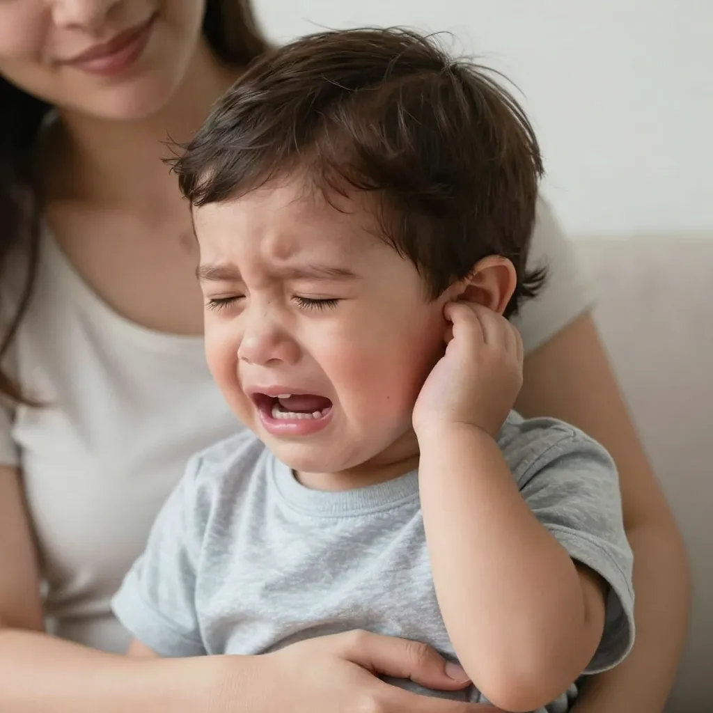 Niño pequeño tocándose el oído por dolor de otitis media