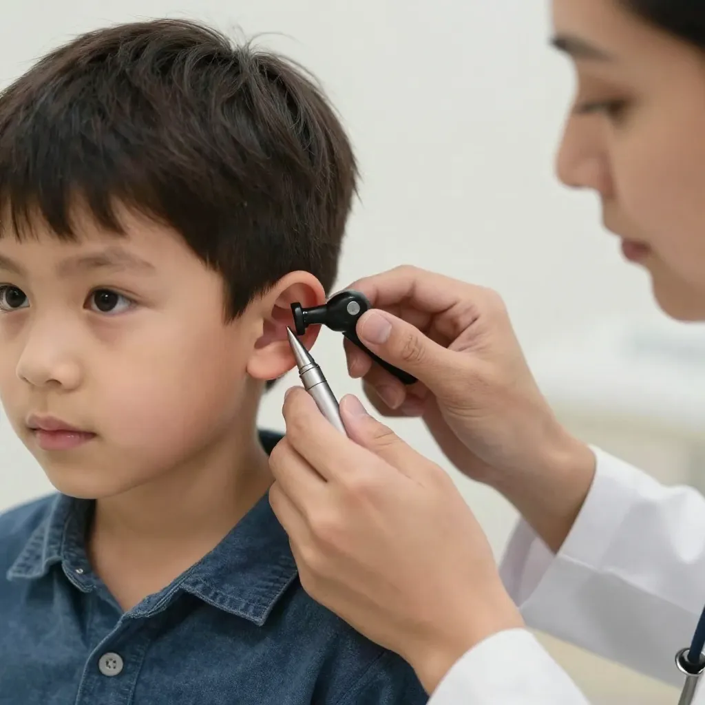 Pediatra examinando el oído de un niño con otoscopio