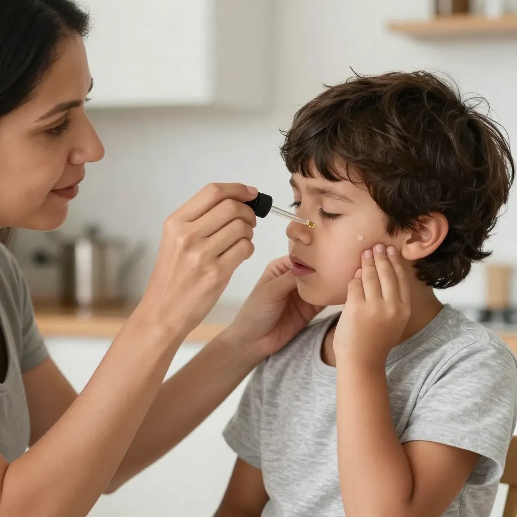 Madre cuidando a su hijo durante el tratamiento de otitis