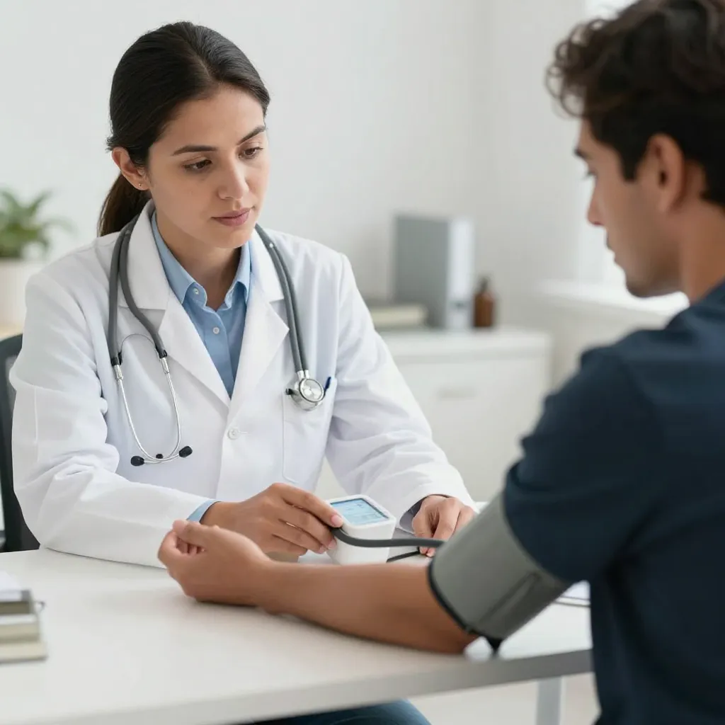 Latin American doctor measuring blood pressure of patient